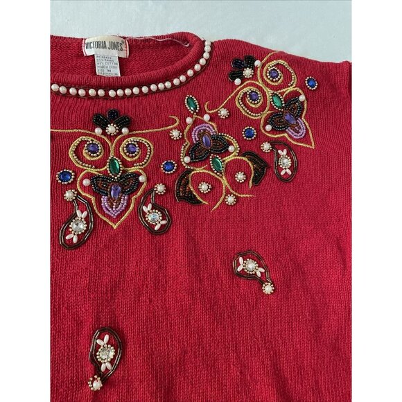 Vintage Victoria Jones Red Beaded Sweater Medium - Picture 2 of 12
